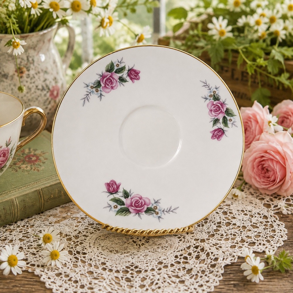 Vintage Pink Rose Floral Porcelain Saucer Gold Trim White Ceramic Tea Plate 5.5"